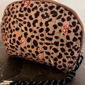 Vintage Inspired Quilted Leopard Curved Cosmetic Case Makeup Pouch Floral Animal